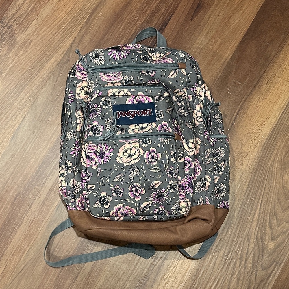 Jansport Gray Floral Backpack with Brown Base and Pink Accents